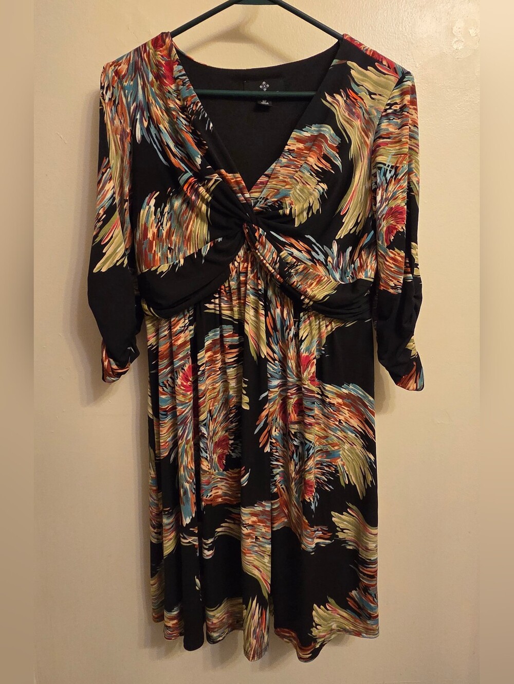 Ronni Nicole Retro Whimsical Feather Print Boho Chic Dress 8P Ruched 3/4 Sleeve